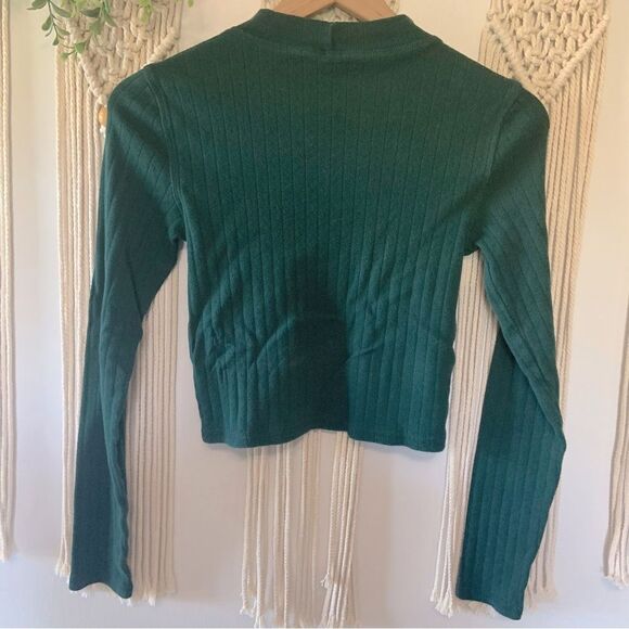 AMERICAN EAGLE Cotton Long Sleeve Mock Neck Cropped Top Forrest Green Size Small - Picture 2 of 9